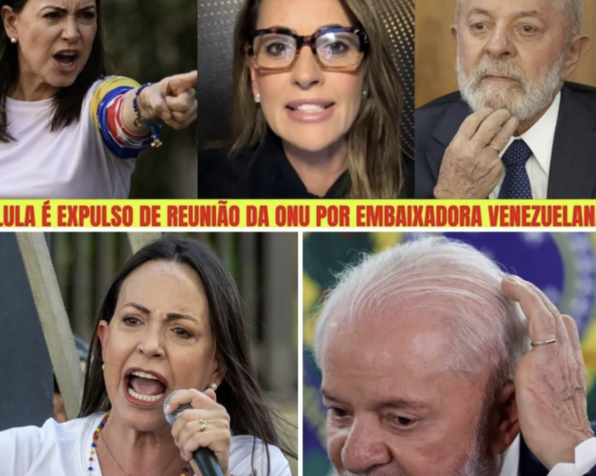 A imagem é uma montagem composta por cinco fotografias organizadas em formato de grade, com três imagens na parte superior e duas na parte inferior. No centro da montagem, atravessando horizontalmente as imagens, há uma faixa amarela com texto em letras vermelhas em português que diz ‘Lula é expulso de reunião da ONU por embaixadora venezuelana’. Na parte superior esquerda, aparece Marina Corina Machado, mulher de cabelos escuros, presos para trás, usando blusa clara e acessórios coloridos no braço. Ela está com o braço estendido e o dedo apontado para frente. Na parte superior central, há o retrato de Ana Paula Henkel, mulher de cabelos claros, soltos, usando óculos de armação escura e roupa escura. Ela aparece de frente para a câmera, com fundo neutro escuro e expressão séria. Na parte superior direita, aparece uma imagem de Lula, homem idoso, de cabelos brancos e barba branca, vestindo terno escuro e camisa clara. Ele está com a mão próxima ao rosto, tocando o queixo, e olha levemente para o lado. Na parte inferior esquerda, vê-se novamente a imagem de Corina Machado, agora segurando um microfone com a mão direita. Na parte inferior direita, aparece novamente a imagem de Lula, desta vez de perfil, com a mão levantada em direção à cabeça.