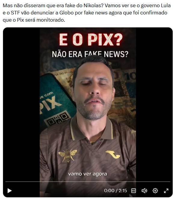 Post no X do senador Cleitinho Azevedo com um texto que afirma que o Pix será monitorado e menciona governo Lula, STF e Globo. Abaixo do texto, há a prévia de um vídeo gravado por ele. O senador aparece de frente para a câmera, diante de um fundo que inclui imagens ampliadas de cédulas e um cartão com a palavra ‘PIX’.
