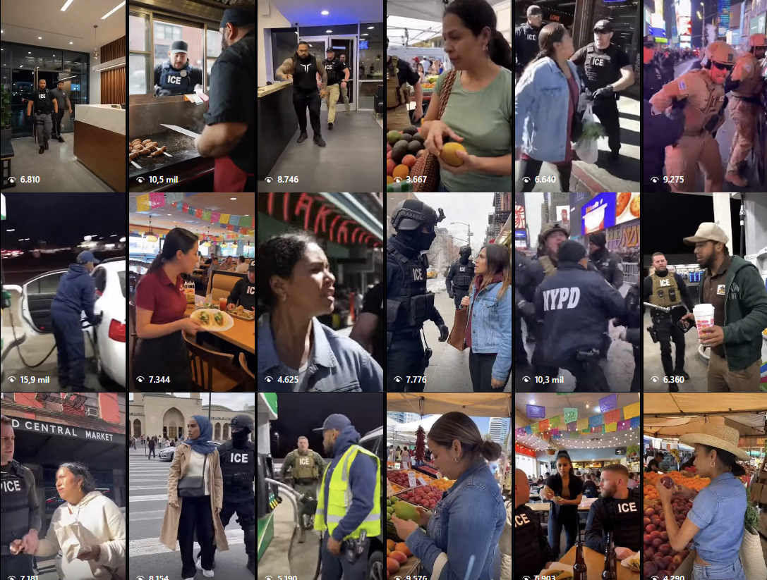  Imagem mostra montagem em formato de grade com vários quadros, em que aparecem agentes do ICE em coletes e uniformes escuros, em diferentes ambientes como saguões e corredores internos, ruas e áreas comerciais. Em alguns quadros, há civis sendo abordados, escoltados ou conversando com os agentes. Em um quadro, uma mulher usa lenço na cabeça e sobretudo claro; em outros, há cenas noturnas com veículos e pessoas ao redor. Também há quadros em mercados e restaurantes, com mulheres manuseando frutas e pratos, e cenas de policiamento com equipamentos táticos.