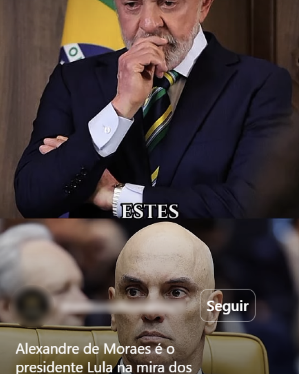 Imagem em formato vertical dividida em duas partes horizontais. Na parte superior está Lula, um homem idoso de cabelos curtos grisalhos, barba e bigode grisalhos, vestindo terno escuro, camisa branca e gravata listrada em verde, amarelo e azul. Ele está com o braço esquerdo cruzado sobre o corpo e a mão direita apoiada no queixo, com os dedos próximos à boca. Ao fundo, aparece parte de uma bandeira do Brasil e uma parede em tom neutro. Sobre a imagem, na parte inferior desta seção, aparece a palavra ‘ESTES’ em letras brancas maiúsculas. Na parte inferior da imagem está Alexandre de Moraes, um homem adulto com a cabeça raspada, vestindo terno escuro, camisa branca e gravata clara. Ele está sentado em uma cadeira de encosto claro, em um ambiente que parece ser um espaço institucional, com outras pessoas desfocadas ao fundo. Sobre essa parte da imagem há um texto em letras brancas que diz: ‘Alexandre de Moraes é o presidente Lula na mira dos Estados Unidos!’. À direita desse texto aparece um botão com a palavra ‘Seguir’.
