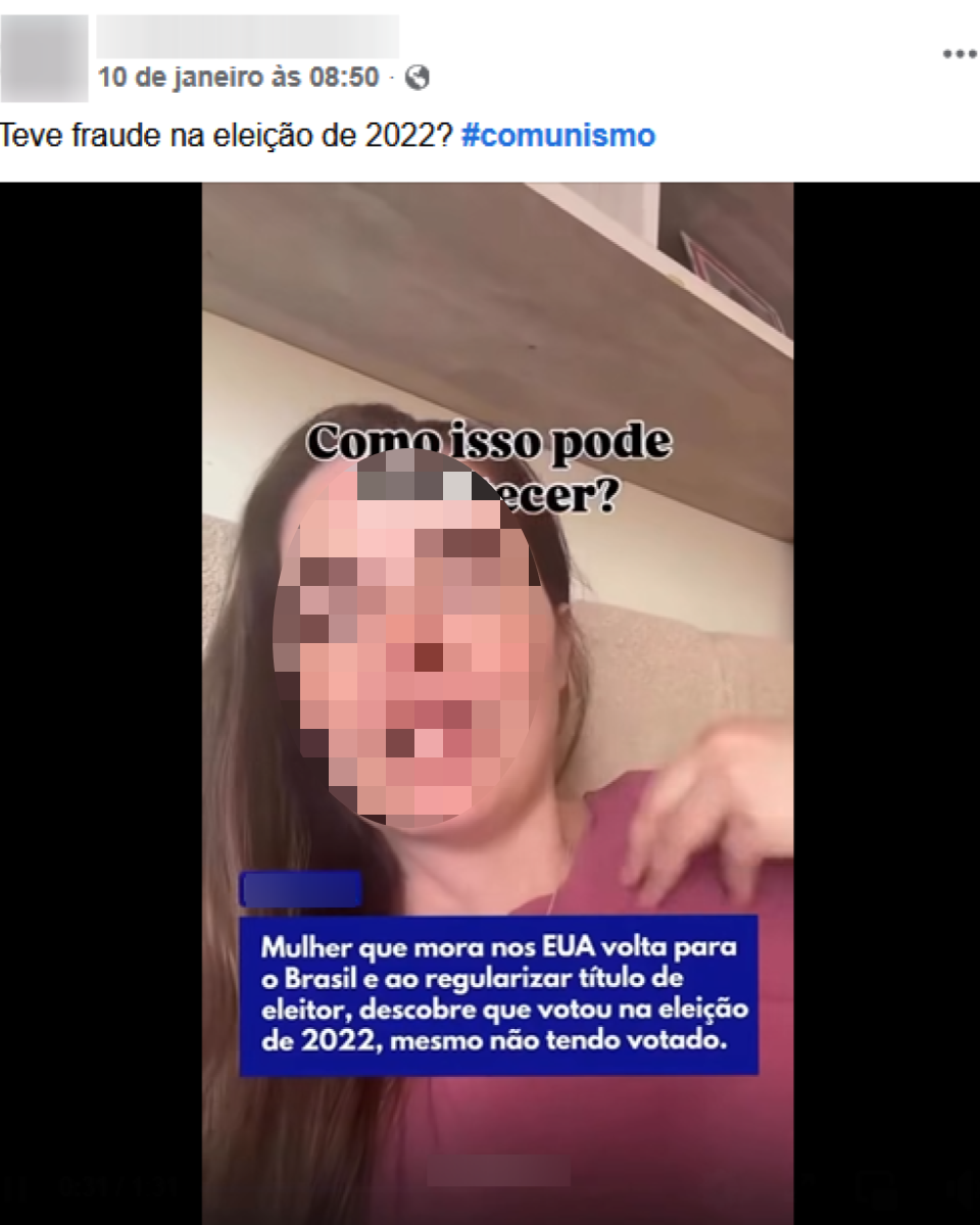 Vídeo publicado nas redes sociais mostra mulher de pele clara e cabelos longos castanhos, vestindo uma blusa vermelha e com o rosto borrado. Sobre a imagem há um texto com letras brancas em fundo azul que diz “Mulher que mora dos EUA volta para o Brasil e ao regularizar título de eleitor, descobre que votou na eleição de 2022, mesmo não tendo votado. No alto da imagem, publicação diz “Teve fraude na eleição de 2022? #comunismo.”