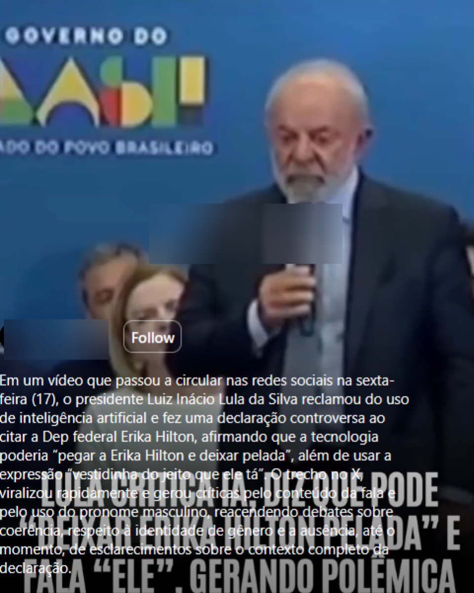 Imagem traz, na parte superior, um fundo escuro com o texto em letras grandes amarelas ‘ABSURDO!!’ e, abaixo, uma frase em amarelo que diz ‘Pobre não nasceu pra estudar o pobre nasceu só pra trabalhar, será que vocês não percebem isso? “Estudar é pra filho de rico!”’. No centro, há um frame de transmissão oficial em que Luiz Inácio Lula da Silva, homem idoso de pele clara, cabelo curto branco e barba branca, aparece de perfil segurando um microfone.