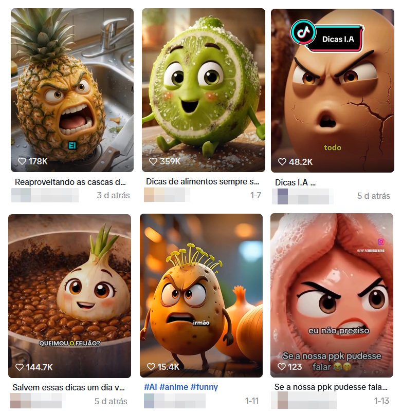 A imagem mostra uma grade com seis miniaturas de vídeos no formato vertical, semelhantes a uma interface de rede social. Em cada miniatura aparecem personagens animados com características humanas, representando alimentos: um abacaxi de cor amarela e verde com expressão facial aberta, posicionado dentro de uma pia; uma fatia de limão verde com olhos grandes, bochechas rosadas e braços e pernas desenhados, sobre uma superfície com sal; um ovo de cor bege com sobrancelhas grossas, expressão facial rígida e rachaduras visíveis na casca; um grão de cebola de cor clara com olhos grandes e sorriso, imerso em um recipiente com feijão escuro; uma batata de cor amarela com pequenos brotos verdes, braços e pernas, ao lado de outros vegetais; e uma representação de órgão genital feminino em tom rosado, com olhos e sobrancelhas desenhados, envolta por uma textura que simula tecido. As miniaturas incluem textos curtos sobrepostos em português, ícones de curtidas e números que indicam engajamento, além de títulos parcialmente visíveis abaixo de cada imagem.