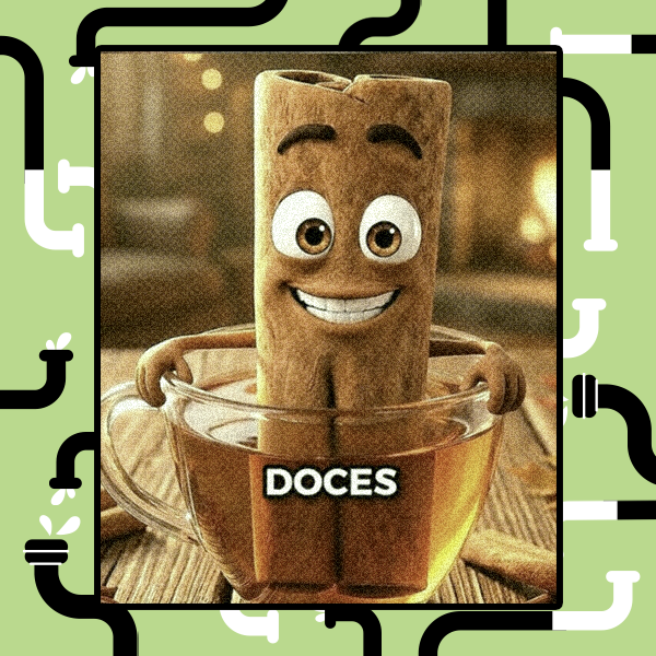 A imagem mostra um personagem animado que representa um alimento doce, com formato cilíndrico duplo e textura marrom semelhante a canela, olhos grandes castanhos, sobrancelhas escuras arqueadas e sorriso com dentes visíveis. O personagem possui braços finos e está apoiado com as mãos na borda de uma xícara de vidro transparente contendo um líquido âmbar, posicionada sobre uma superfície de madeira. O fundo da imagem apresenta iluminação amarelada e desfocada, sugerindo um ambiente interno. Na parte inferior da imagem há um texto sobreposto em letras brancas que diz: ‘DOCES’.
