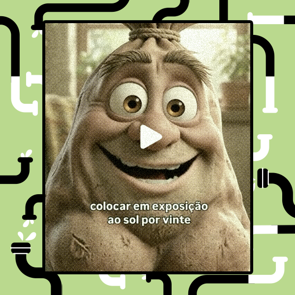 A imagem mostra um personagem animado com formato semelhante a um saco de pano amarrado no topo, de cor bege acinzentada e textura rugosa, com olhos grandes castanhos, sobrancelhas espessas e sorriso com dentes visíveis. O personagem ocupa o centro da imagem e apresenta traços faciais humanos estilizados. Um ícone triangular de reprodução aparece sobreposto no centro, indicando que se trata de uma miniatura de vídeo. Na parte inferior da imagem há um texto em letras brancas que diz: ‘colocar em exposição ao sol por vinte’.