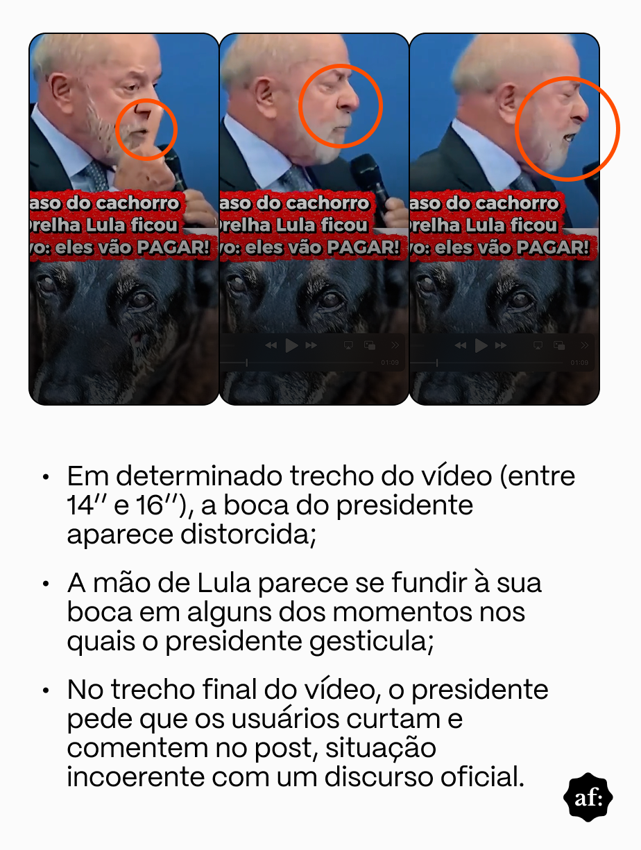 homem idoso, de pele clara, cabelo curto grisalho e barba grisalha — falando ao microfone em um ambiente com fundo azul, usando terno escuro, camisa clara e gravata; em cada quadro, há um círculo laranja destacando a região da boca e do rosto, e, na parte inferior, aparece a imagem de um cachorro com um texto em faixa vermelha parcialmente visível que menciona ‘caso do cachorro’ e ‘Lula’. Abaixo dos quadros, há três tópicos em texto preto que apontam supostas inconsistências no vídeo, mencionando distorção na boca entre os segundos 14 e 16, a mão do presidente aparentando se fundir à boca durante gestos e um pedido para curtir e comentar no final do vídeo, descrito como incoerente com um discurso oficial, além da marca ‘af.’ no canto inferior direito.