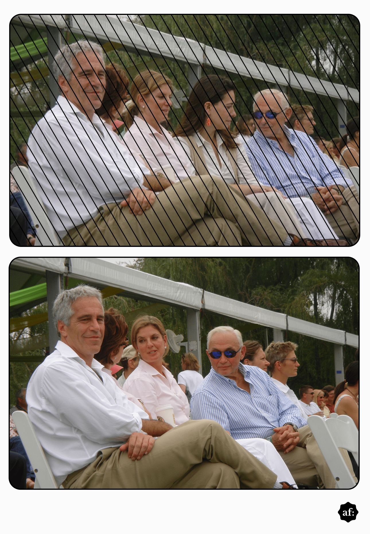 Imagem mostra duas fotos comparativas com pessoas sentadas em cadeiras brancas durante um evento ao ar livre, cercado por vegetação.