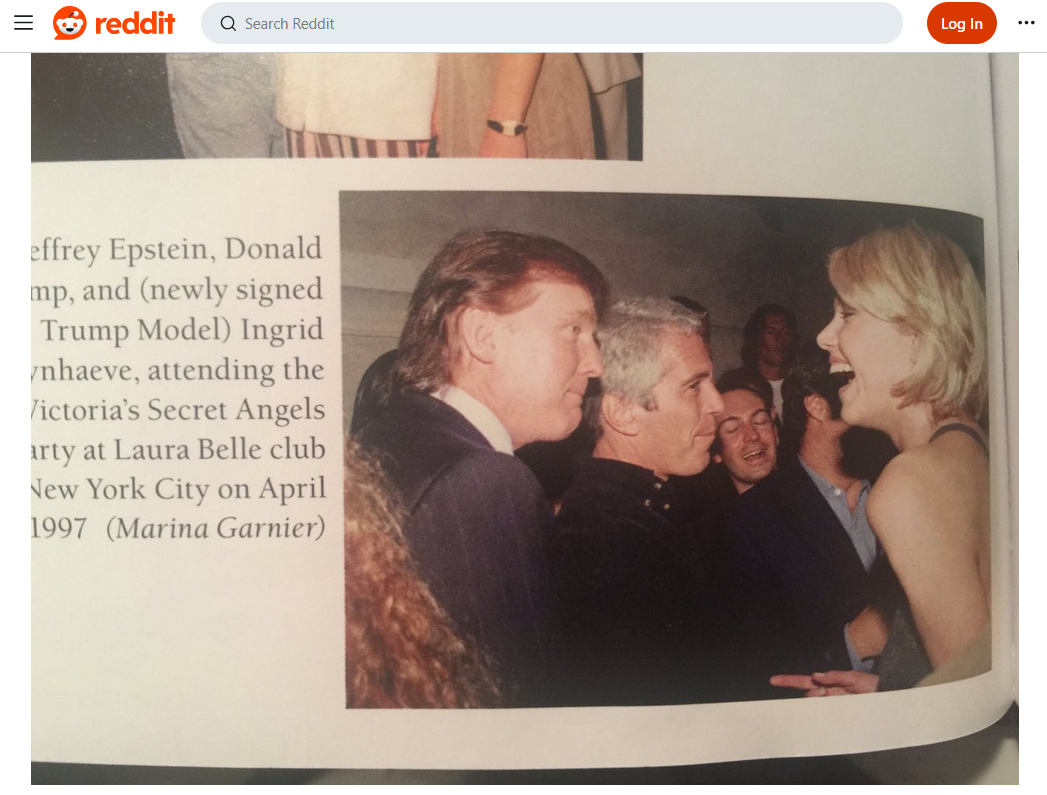 Imagem compartilhada no Reddit aparentemente retirada de um livro mostra Trump, Epstein e a modelo belga Ingrid Seynhaeve em uma festa da Victoria's Secret, em Nova York