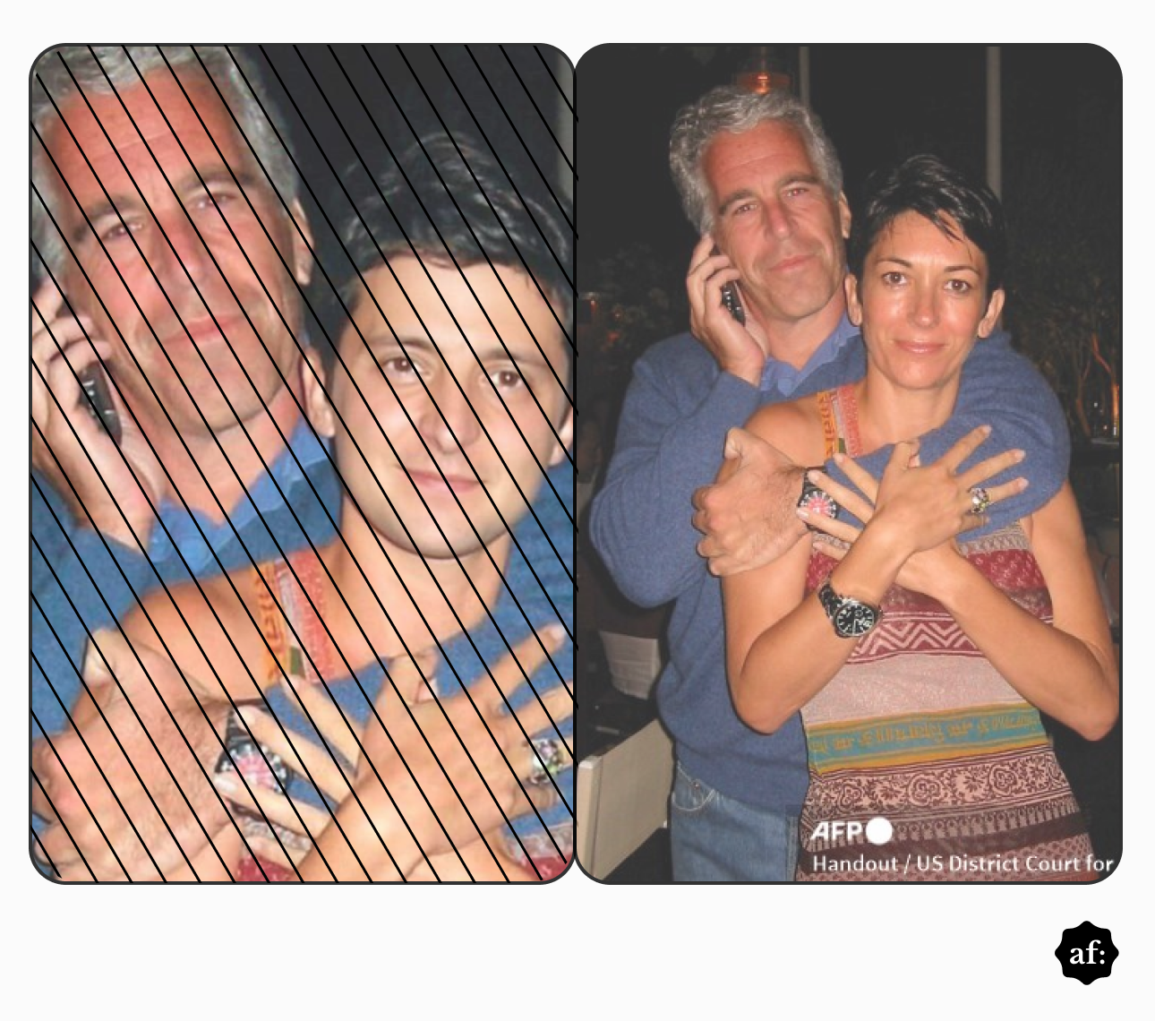 Imagem composta por duas fotos lado a lado. À esquerda, aparece uma foto parcialmente coberta por faixas diagonais escuras, mostrando um homem de pele clara, cabelos grisalhos curtos, usando uma blusa azul, abraçando um homem de pele clara, cabelos curtos escuros, que veste uma blusa sem mangas; ambos estão próximos à câmera e o homem segura um telefone celular junto ao rosto. À direita, há uma outra foto que mostra um homem de cabelos grisalhos atrás de uma mulher, com os braços cruzados sobre o peito dela, enquanto segura um celular com a mão direita