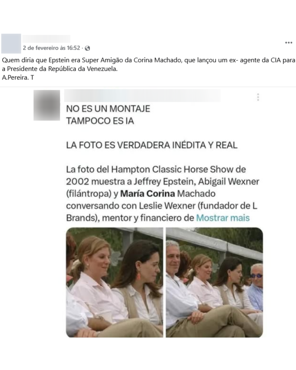 Post no Facebook mostra duas fotografias lado a lado. No texto superior, um usuário menciona Jeffrey Epstein e María Corina Machado. Abaixo, há um bloco de texto em espanhol que afirma que a imagem não é montagem nem uso de IA e descreve uma foto do evento Hampton Classic Horse Show de 2002, citando Jeffrey Epstein, Abigail Wexner e María Corina Machado.