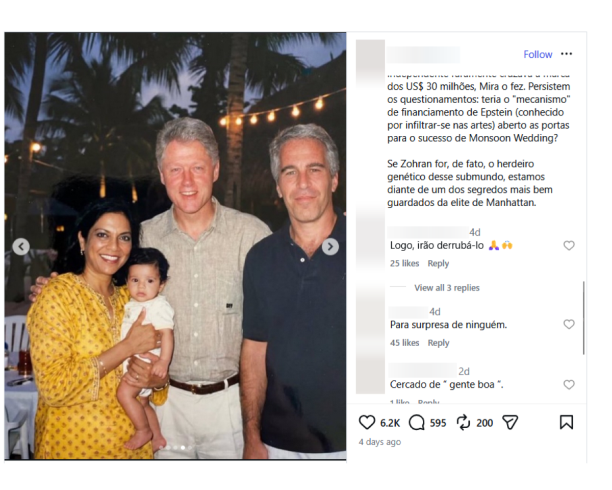 Post no Instagram compartilha foto em que aparecem quatro pessoas posando para a câmera: uma mulher de pele parda, cabelo escuro longo, usando vestido amarelo estampado, segurando um bebê de pele clara com cabelo escuro curto e roupa clara; ao lado, um homem de pele clara, cabelo grisalho curto, vestindo camisa clara de manga curta e calça clara; à direita, outro homem de pele clara, cabelo grisalho curto, usando camisa polo escura. Todos estão em pé, próximos uns dos outros.