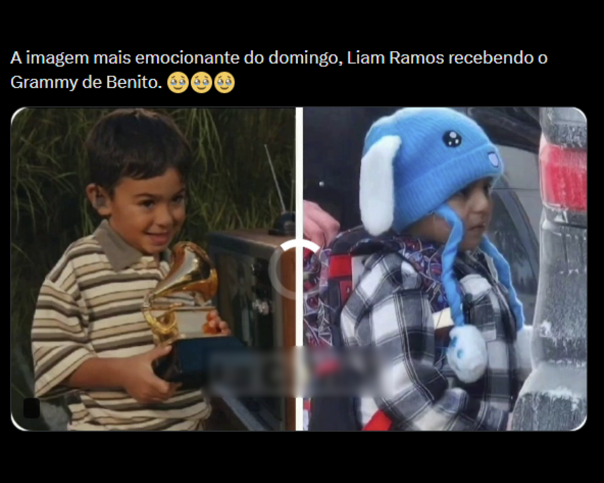 Imagem em formato horizontal com fundo preto e uma legenda na parte superior. O texto diz: ‘A imagem mais emocionante do domingo, Liam Ramos recebendo o Grammy de Benito.’ À esquerda, há uma criança pequena com cabelo curto e escuro, vestindo uma camisa polo listrada em tons de bege e marrom. A criança segura um objeto dourado semelhante a um troféu e olha levemente para o lado. Ao fundo aparecem plantas verdes e parte de um veículo. À direita, há outra criança pequena, vestindo um casaco xadrez em tons de preto, branco e cinza e um gorro azul com abas laterais e detalhes que lembram orelhas, além de cordões pendurados. A criança está de perfil, olhando para a direita, próxima a um veículo, com parte da lataria e da lanterna visíveis.
