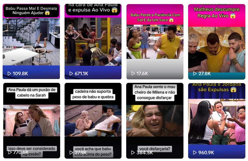 Grade com oito miniaturas de vídeos dispostas em quatro colunas, semelhantes a uma interface de rede social. Cada miniatura exibe cenas de um reality show com pessoas em ambientes internos, como cozinha, sala e área externa, incluindo homens e mulheres de diferentes tons de pele, com variados tipos de cabelo e vestimentas casuais. Sobre as imagens, aparecem textos gráficos em caixas coloridas com frases como ‘Babu passa mal e desmaia’, ‘Ana Paula dá um puxão de cabelo na Sarah’, ‘cadeira não suporta peso de babu e quebra’ e ‘Ana Paula e Jordana são expulsas’. Em cada miniatura há um ícone de reprodução e números de visualizações, variando de milhares a centenas de milhares.