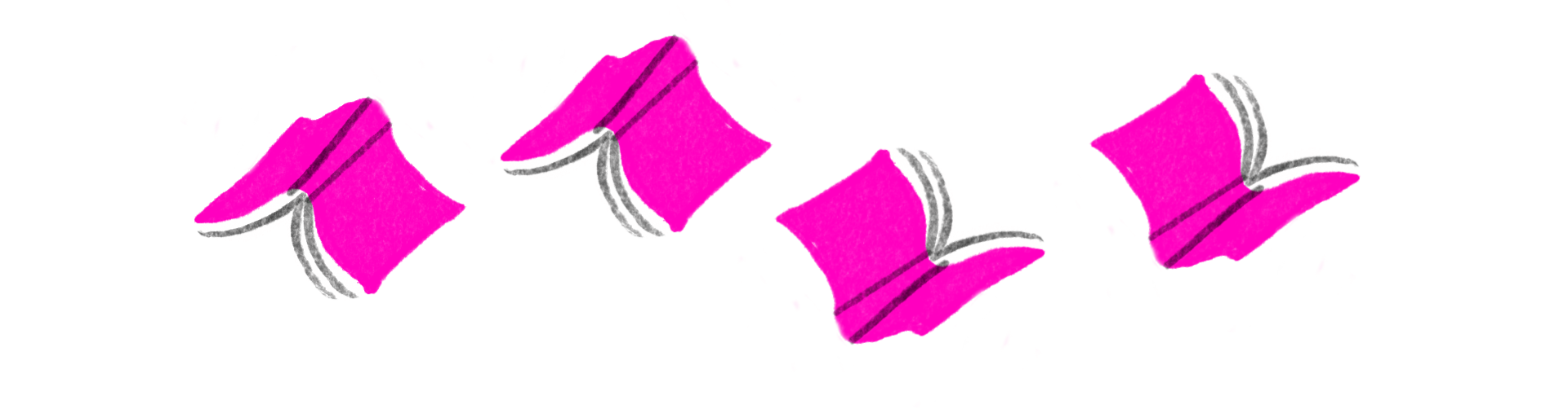 Ilustração com quatro livros estilizados dispostos horizontalmente sobre fundo branco. Eles estão desenhados de maneira simplificada, na cor rosa intenso, com detalhes em linhas cinzas e pretas.