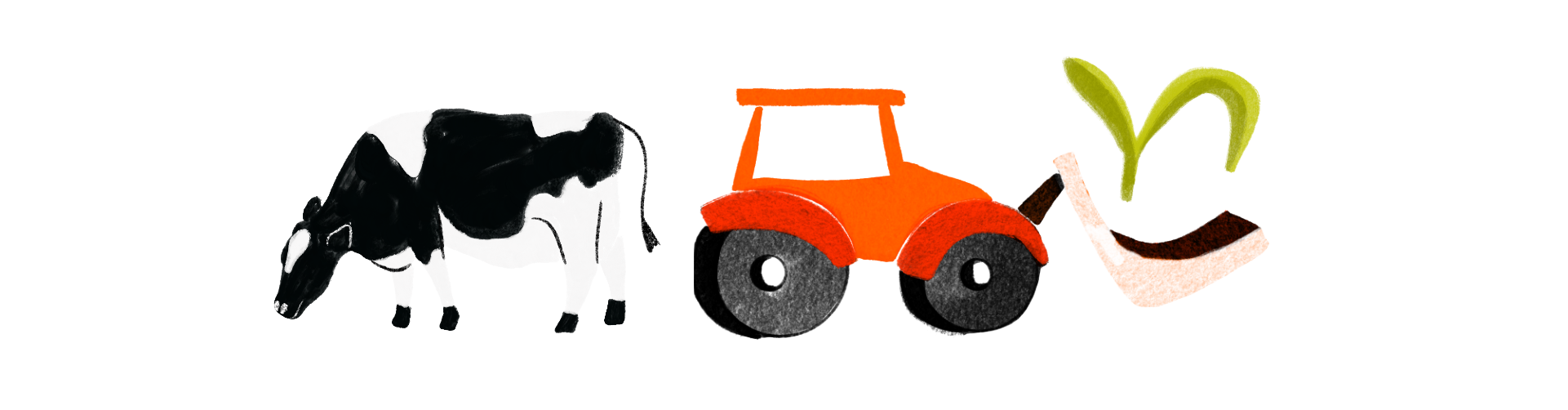Ilustração composta por três elementos alinhados horizontalmente sobre fundo branco. À esquerda, há uma vaca preta e branca. No centro, aparece um trator desenhado de forma simplificada, na cor laranja, com rodas circulares pretas e cinzas. À direita, há um broto de planta com duas folhas verdes emergindo de um pequeno monte de terra marrom.