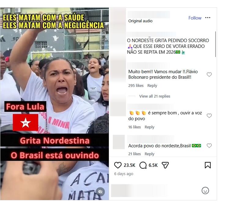 Print de vídeo mostra mulher de pele negra, cabelo escuro preso para trás, vestindo camiseta clara, em meio a um grupo de pessoas em um ambiente externo, aparentemente durante uma manifestação. Ela aparece com a boca aberta e um dos braços levantados, em gesto de protesto, enquanto outras pessoas ao fundo também gritam. Sobre a imagem, há textos sobrepostos com frases como ‘Eles matam com a saúde’, ‘Eles matam com a negligência’, Tarja inserida sobre a imagem diz: ‘Fora Lula. Grita Nordestina. O Brasil está ouvindo’.