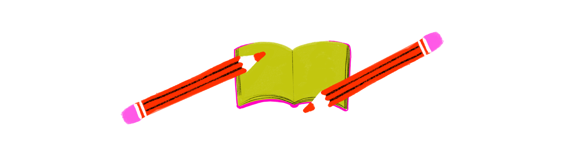 Ilustração de um livro aberto no centro, com dois lápis apontando para suas páginas a partir das laterais, em cores vibrantes.