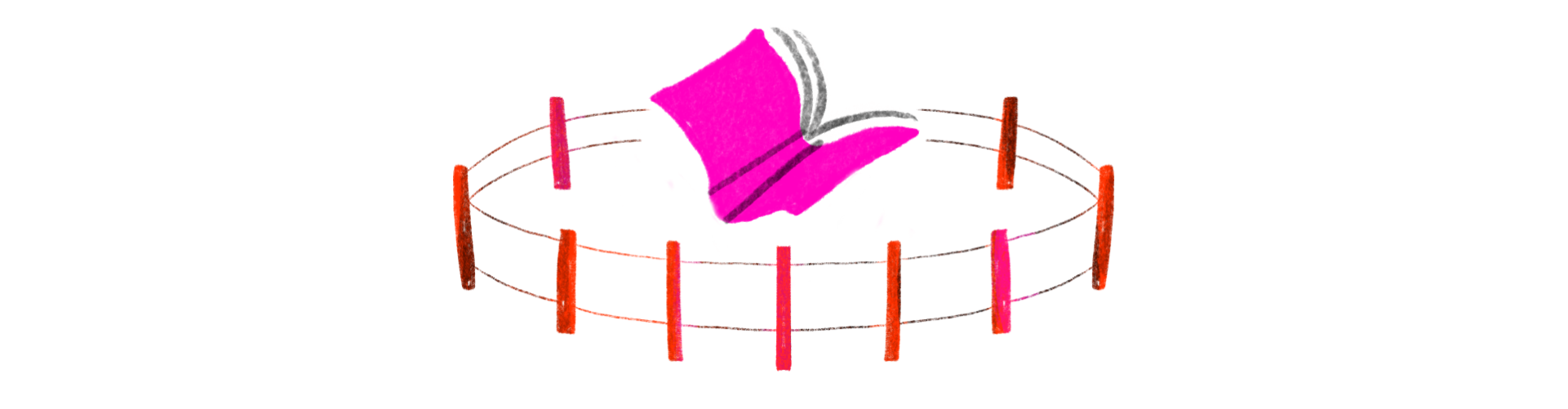 Ilustração de um livro aberto dentro de uma cerca circular, sugerindo restrição, controle ou isolamento.