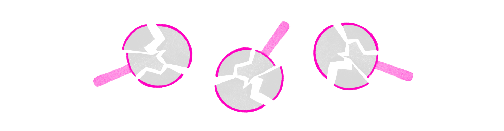 Ilustração de três lupas com lentes rachadas, dispostas lado a lado.
