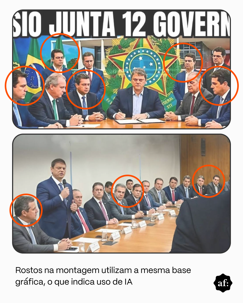 A imagem apresenta duas cenas. Na parte superior, vários homens de pele clara, vestindo ternos escuros e gravatas, estão sentados ao redor de uma mesa, com bandeiras do Brasil e um brasão ao fundo; diversos rostos aparecem destacados por círculos coloridos. Na parte inferior, outra reunião mostra um grupo semelhante de homens de terno sentados à mesa, enquanto um deles fala em pé com um microfone, e alguns rostos também são destacados por círculos