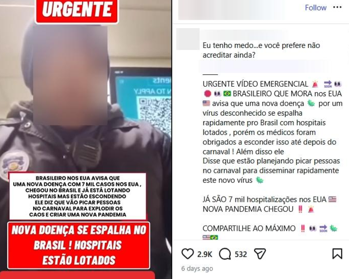 Post no Instagram mostra homem de pele clara usando gorro preto e casaco escuro, falando para a câmera em ambiente interno. No topo da imagem, há um selo vermelho com a palavra ‘URGENTE’. Sobre o vídeo, aparecem caixas de texto em vermelho e branco com mensagens como ‘Nova doença se espalha no Brasil! Hospitais estão lotados’ e ‘Compartilhem’. À direita, a legenda do post afirma que um brasileiro nos EUA alerta para um vírus desconhecido que estaria se espalhando no Brasil e menciona 7.000 hospitalizações nos EUA.
