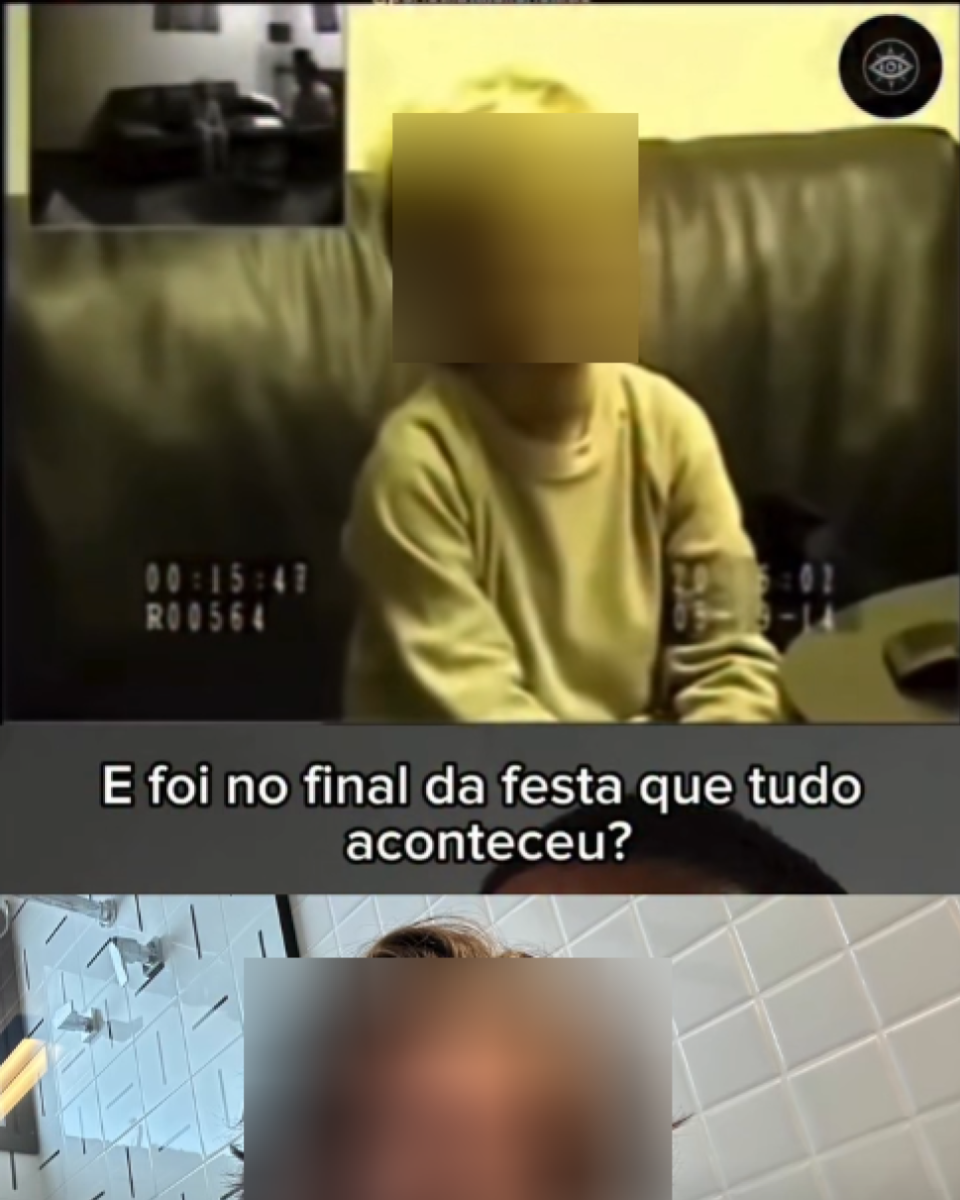 Imagem dividida em dois quadros mostra, na parte superior, uma criança de pele clara e cabelo claro sentada em um sofá de couro escuro, usando blusa de manga longa amarela. Seu rosto está desfocado e há marcações numéricas no canto inferior esquerdo, além de um pequeno quadro no canto superior com outra cena. Sobre essa parte, aparece a frase ‘E foi no final da festa que tudo aconteceu?’. Na parte inferior, um homem de pele clara aparece em ambiente com paredes revestidas de azulejos brancos, olhando para a câmera; seu rosto também está desfocado.