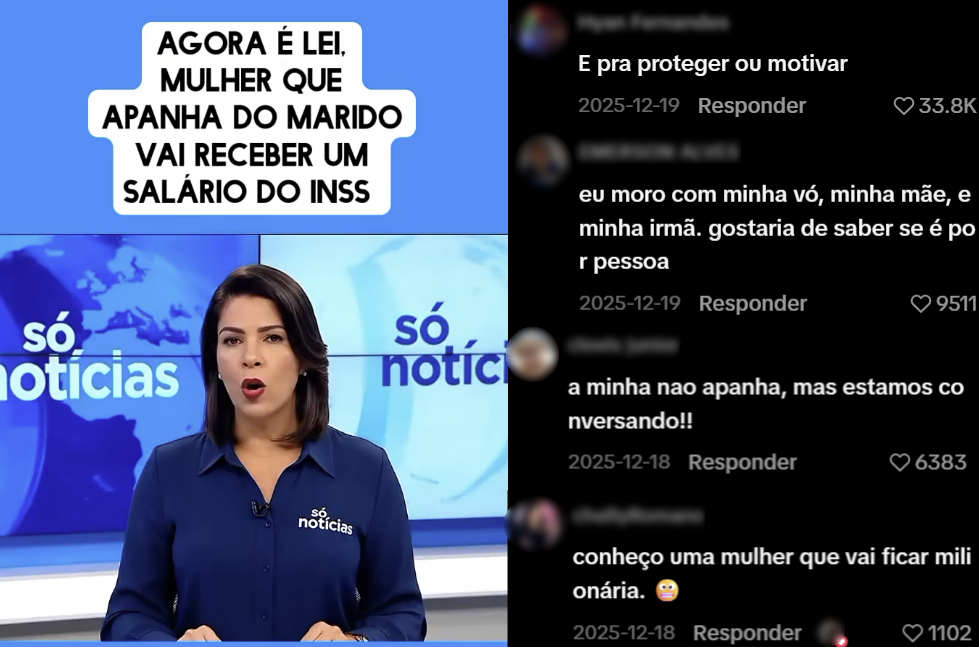 Imagem dividida em duas partes verticais. À esquerda, há um quadro de telejornal com fundo azul e gráficos de mapa-múndi. No centro desse quadro aparece uma apresentadora de notícias, enquadrada do busto para cima, usando camisa azul escura de mangas longas com o logotipo ‘só notícias’ no lado esquerdo do peito. Ela está de frente para a câmera, com a boca aberta como se estivesse falando. Acima da apresentadora, há um retângulo azul-claro com texto em letras maiúsculas pretas que diz: ‘AGORA É LEI, MULHER QUE APANHA DO MARIDO VAI RECEBER UM SALÁRIO DO INSS’. À direita da imagem, há uma área escura que reproduz a interface de comentários de uma rede social. Vários comentários aparecem em formato de lista vertical, com nomes de usuários desfocados, datas e a opção ‘Responder’. Alguns comentários legíveis incluem frases como ‘E pra proteger ou motivar’, ‘eu moro com minha vó, minha mãe, e minha irmã. gostaria de saber se é por pessoa’, ‘a minha nao apanha, mas estamos conversando!!’ e ‘conheço uma mulher que vai ficar milionária’, acompanhados de emojis. Ao lado de alguns comentários aparecem ícones de coração e números indicando curtidas, como 33.8K, 9511, 6383 e 1102.