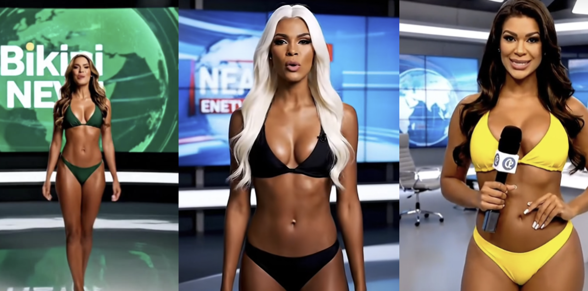 Imagem em formato horizontal composta por três quadros lado a lado. No primeiro quadro, à esquerda, há uma mulher de corpo inteiro em um estúdio de televisão, vestindo biquíni verde. Ela está em pé, de frente para a câmera, com os braços relaxados ao lado do corpo. Ao fundo, aparece um cenário de telejornal com um globo em tons de verde e as palavras Bikini News. No quadro central, há outra mulher enquadrada da cabeça até o quadril, vestindo biquíni preto. Ela tem cabelos longos e claros, soltos, e está de frente para a câmera, com expressão neutra. O cenário ao fundo é um estúdio de notícias, com telas azuis e elementos gráficos, incluindo parte da palavra NEWS e linhas luminosas. No terceiro quadro, à direita, há uma mulher enquadrada do tronco até a cabeça, usando biquíni amarelo e segurando um microfone com um logotipo circular. Ela está de frente para a câmera e tem cabelos longos e escuros. O fundo mostra um estúdio de televisão com mesas, cadeiras e telas com mapas e gráficos em tons de azul e cinza.
