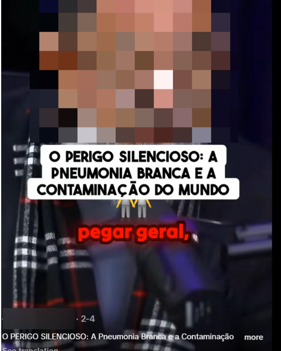 Post no TikTok mostra pessoa vestindo casaco escuro e cachecol xadrez preto, branco e vermelho; rosto foi borrado para preservar a identidade. Sobre a cena, há textos em destaque que dizem: ‘O perigo silencioso: a pneumonia branca e a contaminação do mundo’.