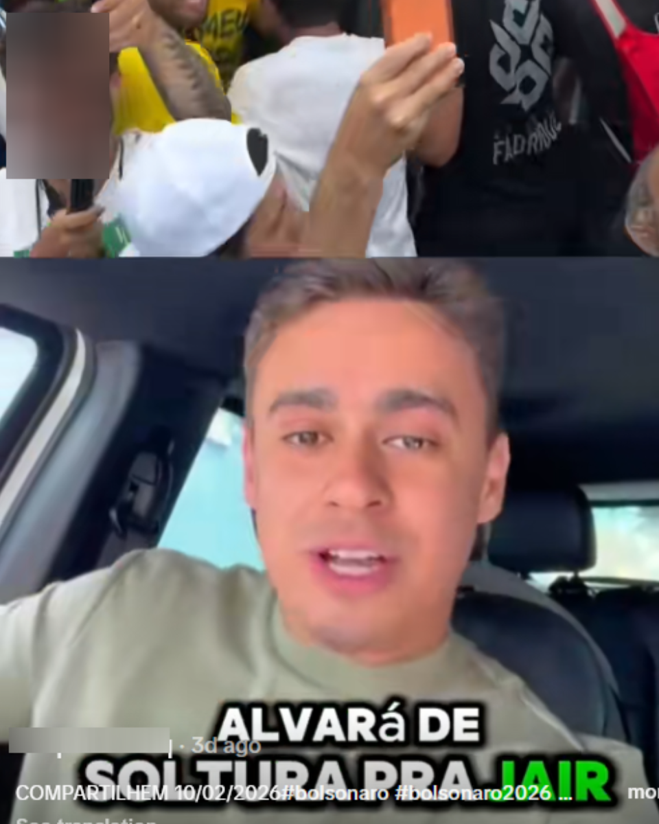 Imagem composta por duas cenas: na parte superior, aparece uma multidão de pessoas vestindo roupas em cores verde e amarelo, algumas com bonés e camisetas, reunidas em espaço externo e segurando celulares erguidos; na parte inferior, aparece o deputado federal Nikolas Ferreira — homem jovem de pele clara, cabelo curto castanho e sobrancelhas escuras — que fala para a câmera de dentro de um carro, usando camiseta verde-clara. Legenda sobrre a imagem diz: ‘ALVARÁ DE SOLTURA PARA JAIR’.