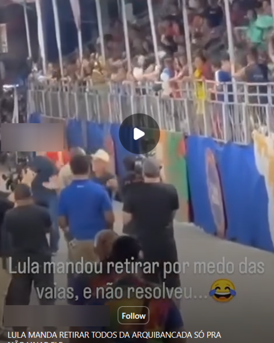 Post no Instagram compartilha vídeo em que aparecem arquibancadas metálicas ao fundo, ocupadas por diversas pessoas. Em primeiro plano, há diversas pessoas de pé, algumas segurando câmeras. Sobre a imagem, há um texto em destaque que diz: ‘Lula mandou retirar por medo das vaias, e não resolveu…’
