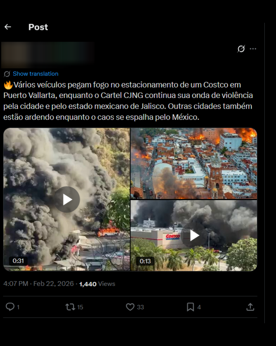 Post no X afirma que veículos teriam pegado fogo no estacionamento de um Costco em Puerto Vallarta, no México, relacionando o episódio à violência do cartel CJNG. A publicação reúne três vídeos: um com grande coluna de fumaça preta, outro com área urbana com focos de incêndio e um terceiro mostrando um prédio do Costco com fumaça ao redor. O texto sugere que a violência estaria se espalhando por diferentes cidades mexicanas.