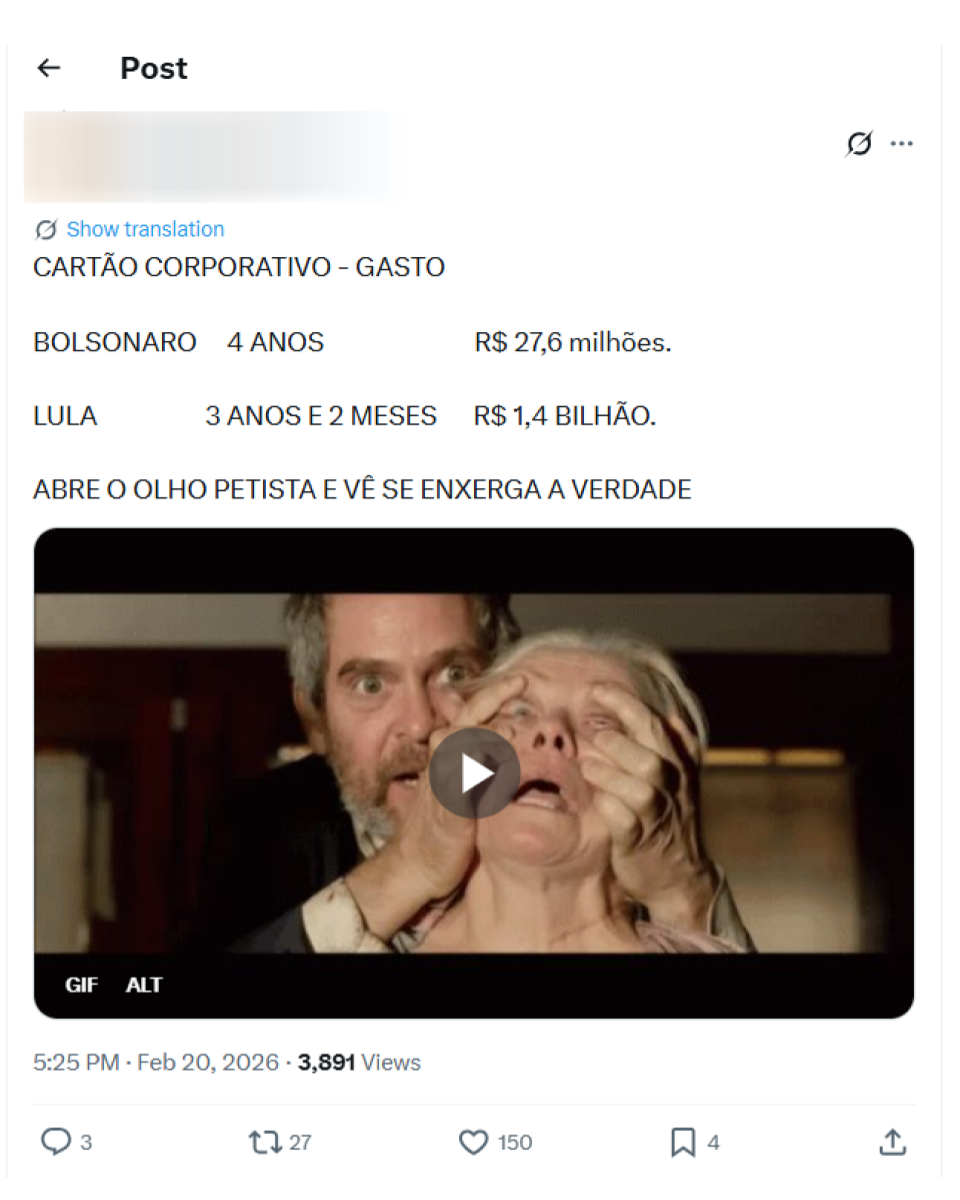 Post no X compara gastos com cartão corporativo, atribuindo R$ 27,6 milhões a Bolsonaro em quatro anos e R$ 1,4 bilhão a Lula em pouco mais de três anos. Abaixo, aparece um frame de vídeo com um homem atrás de uma mulher idosa segurando seu rosto, usado como recurso visual dramático.