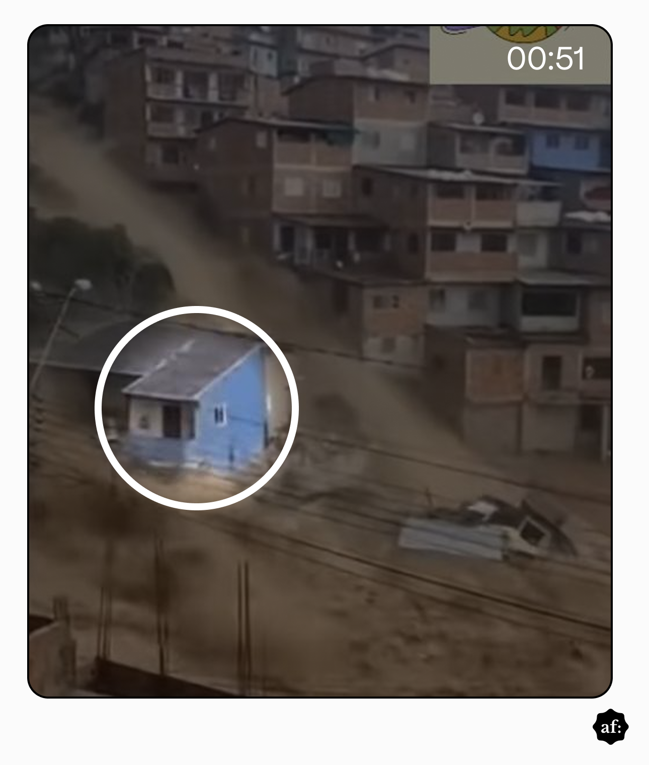 A imagem captura um momento de um desmoronamento em uma encosta ocupada por diversas construções de alvenaria. O cenário é dominado por uma grande massa de terra e detritos de cor marrom-clara que descem pela inclinação, criando um rastro de poeira e movimento que borra parte das edificações. No lado direito e ao fundo, observam-se várias casas sobrepostas, construídas com tijolos aparentes e algumas paredes pintadas em tons de cinza e azul. À esquerda, em destaque por um círculo branco desenhado sobre a imagem, há uma pequena casa de cor azul com telhado cinza que parece estar isolada no caminho do fluxo de terra. Abaixo e à frente dessa casa, nota-se a presença de fios de alta tensão atravessando horizontalmente o campo de visão. Na parte inferior direita, os restos de uma estrutura já colapsada estão parcialmente cobertos pela lama. No canto superior direito da imagem, há um cronômetro digital indicando '00:51'.