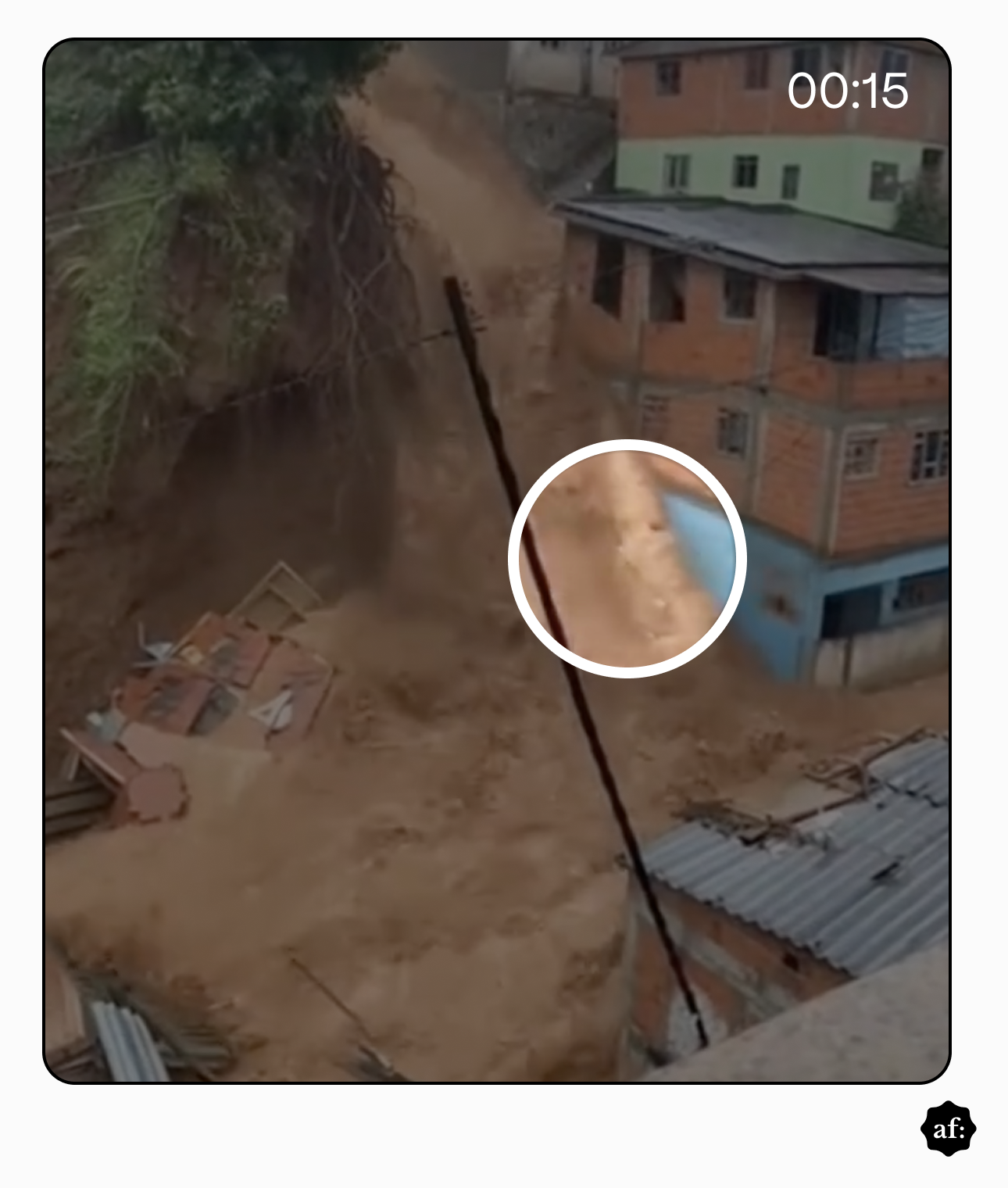 A imagem apresenta uma perspectiva aproximada e em ângulo diagonal de um deslizamento de terra em uma área urbana. Do lado esquerdo, uma encosta de terra escura com vegetação no topo colapsou, revelando raízes expostas e liberando um grande volume de lama marrom-clara que desce verticalmente. À direita, há uma construção de três pavimentos com paredes de tijolos aparentes nos andares superiores e uma base pintada de azul claro. Um círculo branco no centro da imagem destaca que o ponto onde a lama atinge a parede azul está borrado. No canto superior direito, o marcador de tempo registra '00:15'.