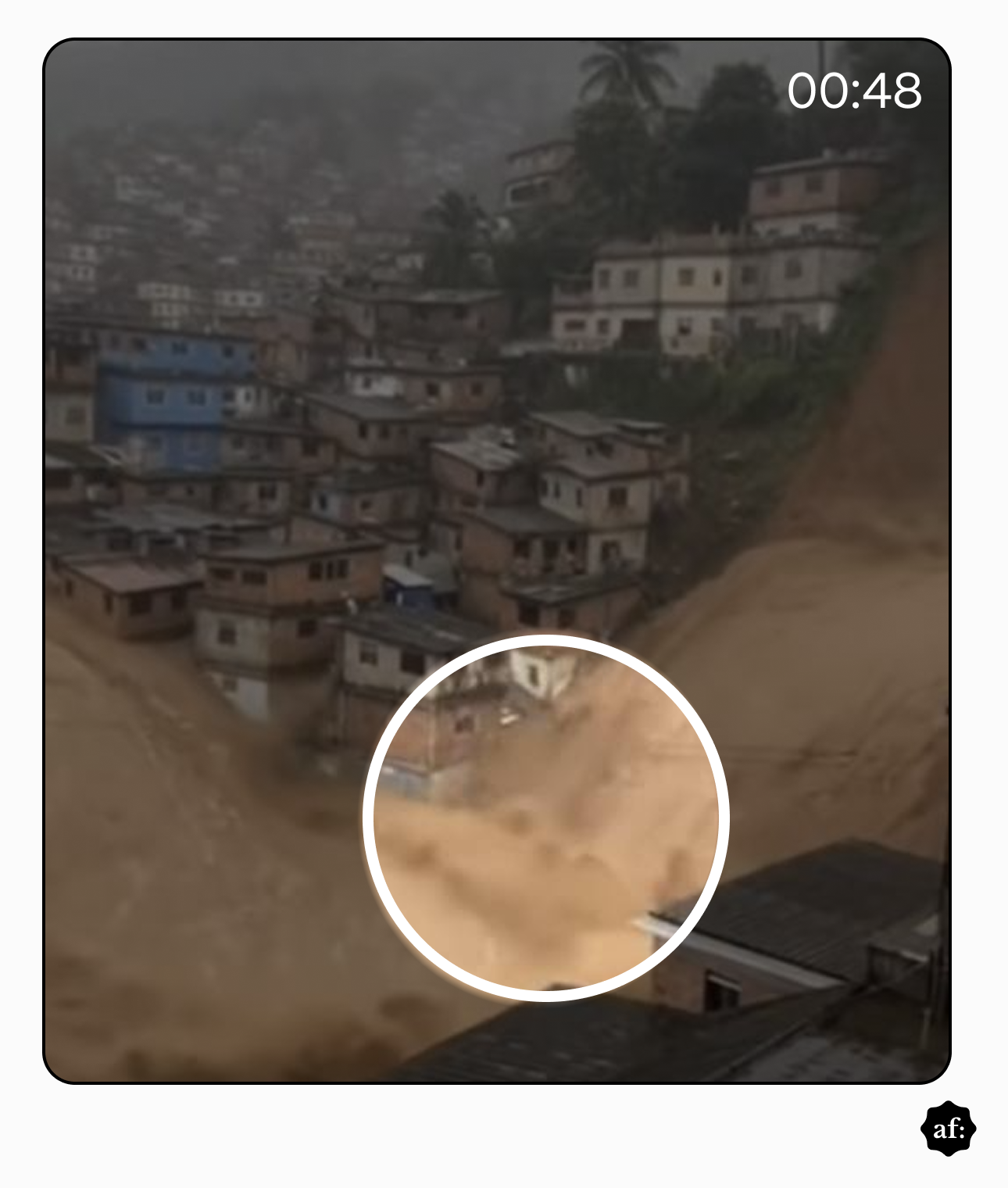 A imagem apresenta uma vista ampla de uma encosta densamente ocupada por casas de alvenaria durante um deslizamento de terra. O terreno inclinado é tomado por uma grande massa de lama marrom que flui entre as construções, partindo da parte superior direita em direção à base da imagem. No centro e à esquerda, diversas moradias de tijolos expostos e algumas paredes pintadas de azul ou branco estão aglomeradas. Um círculo branco destaca uma área específica no centro inferior, onde as duas vias de lama em movimento se atingem, gerando um efeito visual de desfoque e plastificado. O céu ao fundo está nublado e acinzentado, e a vegetação tropical é visível no topo do morro. No canto superior direito, o marcador de tempo indica '00:48'.