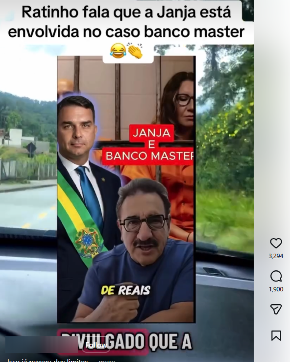 Post no Instagram mostra vídeo com montagem que traz, ao fundo, o senador Flávio Bolsonaro com uma faixa presidencial e a primeira-dama Janja com roupas de presidiária. Em primeiro plano, está a figura do apresentador Ratinho. No topo aparece a frase ‘Ratinho fala que a Janja está envolvida no caso banco master’.