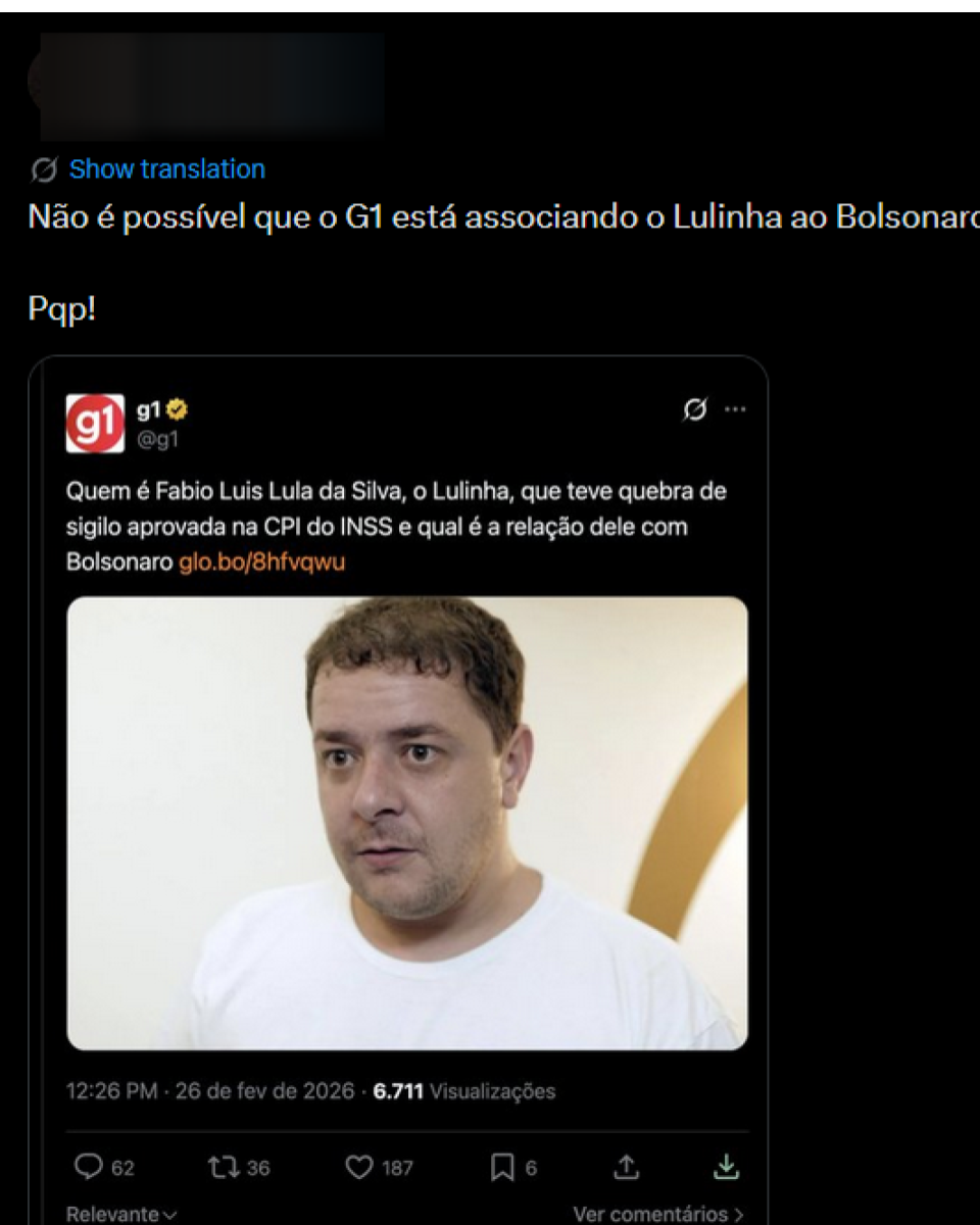 Captura de tela de publicação nas redes compartilha suposto post do perfil do g1. No conteúdo, aparece a foto de um homem identificado como Fabio Luis Lula da Silva, filho do presidente Lula, com texto que questiona sua relação com investigações do INSS e com o ex-presidente Jair Bolsonaro.