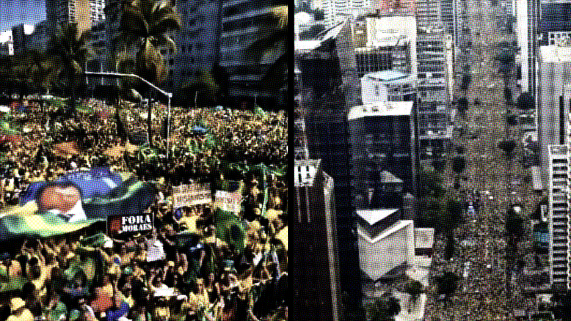 Publicação com fundo preto, onde está escrito: ‘Somos 2 milhões de Brasileiros na Av Paulista pedindo: FORA LULA, TOFFOLI e MORAES.’ Abaixo do texto, há uma fotografia aérea da avenida Paulista. A via aparece tomada por uma multidão. De ambos os lados da avenida, há prédios altos, comerciais e residenciais, em tons de branco, cinza e bege. Árvores aparecem distribuídas ao longo do canteiro central e das calçadas. A multidão se estende ao longo da avenida até o ponto mais distante visível na imagem, entre os edifícios.