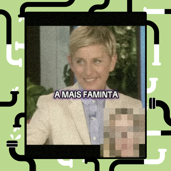 Frame de vídeo mostra Ellen Degeneres — mulher branca, loira, de cabelos curtos, vestindo terno branco e camisa azul. No primeiro plano, há o texto “a mais faminta”.