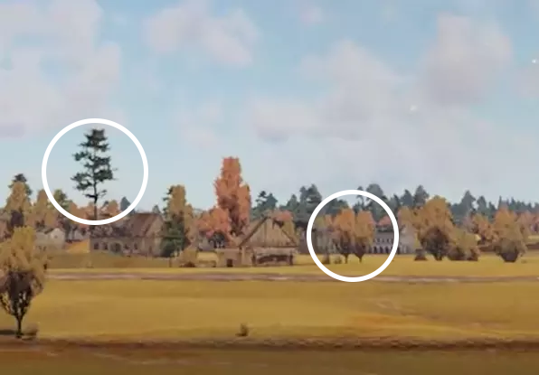  Cena mostra campo amarelado com casas e árvores. As casas são feitas de madeira envelhecida. As árvores têm aspectos estranhos, com folhas artificiais. Também é possível ver, à direita, que um mesmo modelo de árvore se repete na cena.