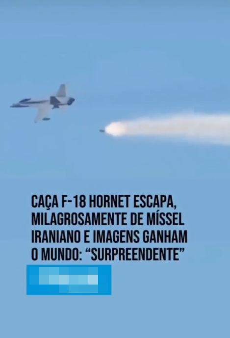 Caça militar em voo contra céu azul claro, visto de perfil, com asas inclinadas e trem de pouso recolhido. À direita da aeronave, aparece um projétil em deslocamento, deixando rastro de fumaça no ar. Na parte inferior da imagem, há texto que diz: ‘Caça F-18 Hornet escapa milagrosamente de míssil iraniano e imagens ganham o mundo: “surpreendente”’.