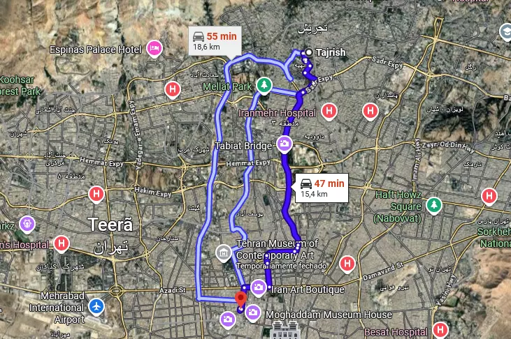 Print do Google Maps mostra rota entre casa oficial do aiatolá iraniano e distrito de Tajrish. O caminho mais demorado leva 55 minutos e o mais rápido 47 min.