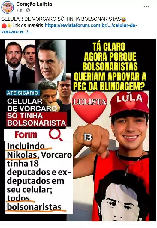 Montagem composta por capturas de tela de notícias e foto de um jovem à direita. O jovem tem pele clara, cabelos escuros e curtos, veste uma camiseta regata vermelha com a estampa do rosto do presidente Lula, usa um boné vermelho com a palavra ‘LULA’ e exibe um anel com o número ‘13’. Do lado esquerdo, há fotos de políticos brasileiros, como Ciro Nogueira e Nikolas Ferreira, intercaladas com manchetes que afirmam ‘Celular de Vorcaro só tinha bolsonarista’ e ‘Incluindo Nikolas, Vorcaro tinha 18 deputados e ex-deputados em seu celular; todos bolsonaristas’. Um texto no canto superior direito questiona: ‘Tá claro agora porque bolsonaristas queria aprovar a PEC da Blindagem?’.