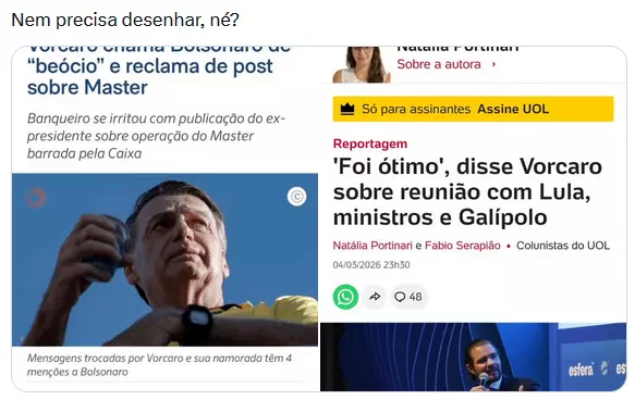 Imagem mostra uma montagem de duas capturas de tela de reportagens do portal UOL. À esquerda, aparece uma foto do ex-presidente Jair Bolsonaro — homem de pele clara, cabelo curto grisalho, usando camiseta amarela e relógio preto — olhando para cima enquanto segura uma lata de bebida na mão direita; acima da foto há um título que menciona que o banqueiro Vorcaro chamou Bolsonaro de ‘beócio’ e reclamou de postagem sobre o Banco Master. À direita, aparece outra reportagem com o título ‘Foi ótimo’, disse Vorcaro sobre reunião com Lula, ministros e Galípolo, acompanhada de uma foto de um homem de pele clara, cabelo curto escuro e barba aparada, usando terno escuro e camisa clara, falando ao microfone em um palco. Acima das reportagens aparece a frase ‘Nem precisa desenhar, né?’.