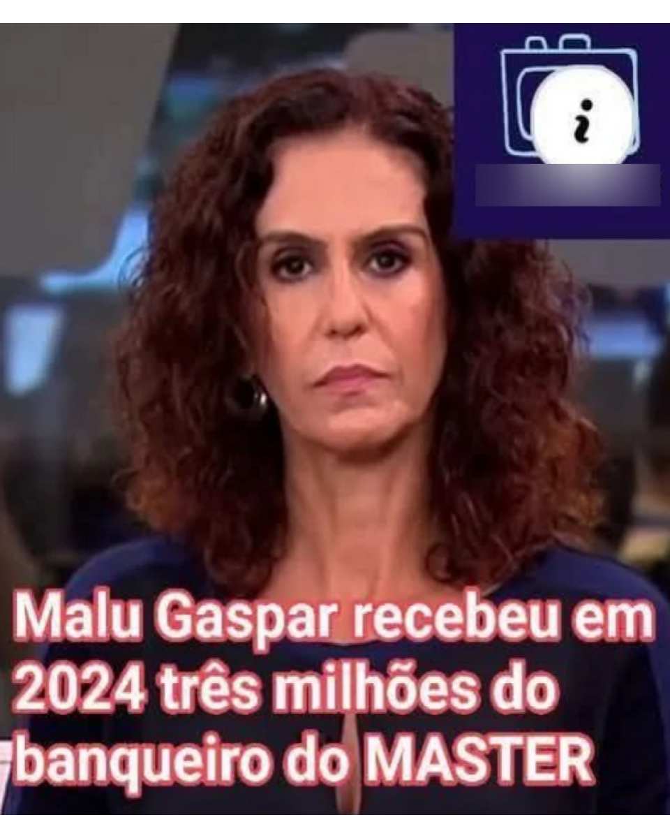 Imagem mostra a jornalista Malu Gaspar — mulher de pele clara, cabelo castanho escuro ondulado na altura dos ombros — olhando diretamente para a câmera em um estúdio de televisão, usando blusa escura e maquiagem leve. Ao fundo, aparece um ambiente desfocado típico de redação ou estúdio jornalístico. Sobre a imagem, há um texto em destaque que diz: ‘Malu Gaspar recebeu em 2024 três milhões do banqueiro do MASTER’.