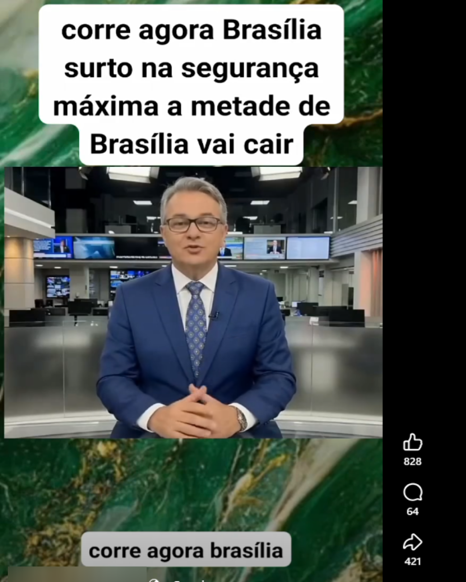 Homem de pele clara, cabelo curto grisalho e óculos, vestido com terno azul, camisa clara e gravata azul com estampa, está sentado diante de bancada em estúdio de televisão. Ao fundo, aparecem telas e mesas típicas de redação jornalística. Sobre o vídeo, há o seguinte texto: ‘corre agora Brasília surto na segurança máxima a metade de Brasília vai cair’.