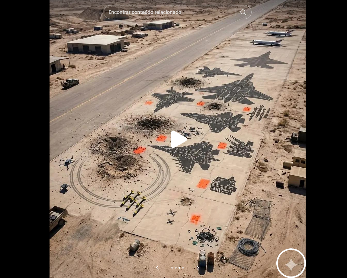 Vista aérea de área desértica com pista asfaltada à esquerda e grande superfície pavimentada ao lado. Sobre o pavimento, há desenhos grandes em tinta escura representando aviões de combate, mísseis, bombas e estruturas militares, organizados em grupos. Ao redor dos desenhos, aparecem crateras e marcas de explosões no chão, além de manchas de tinta laranja. Pequenos edifícios e galpões estão espalhados ao fundo, e alguns veículos e equipamentos aparecem próximos à pista.