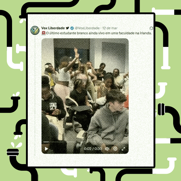 A imagem mostra uma captura de tela de uma publicação na rede social X do perfil ‘Vox Liberdade (@VoxLiberdade)’, datada de ‘12 de março’. O texto da postagem diz: ‘🚨 O último estudante branco ainda vive em uma faculdade na Irlanda.’ Abaixo aparece a miniatura de um vídeo gravado em uma sala de aula, onde várias pessoas estão sentadas em cadeiras com prancheta; a maioria parece ter pele escura e algumas levantam os braços ou gesticulam. No primeiro plano, à direita, há um jovem de pele clara, cabelo curto castanho e vestindo um moletom cinza, sentado e olhando para o lado. Na parte inferior do vídeo aparece a barra de reprodução indicando ‘0:02 / 0:30’.