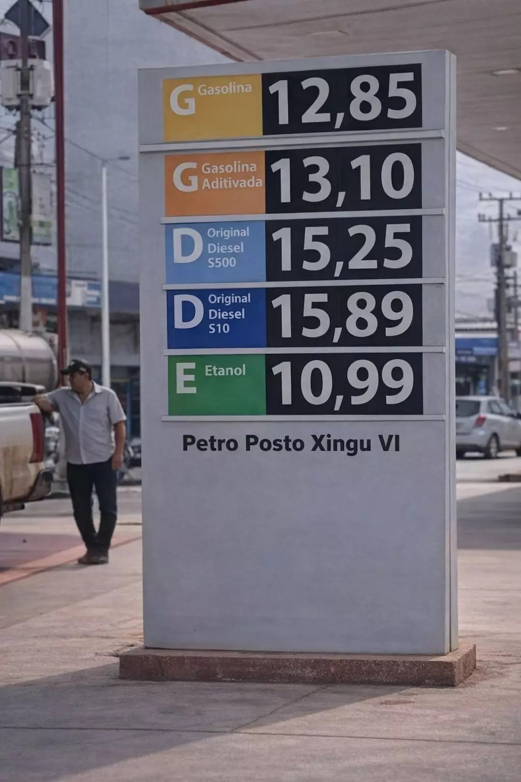 A imagem mostra um totem de preços de combustíveis em um posto identificado como ‘Petro Posto Xingu VI’. No painel aparecem os valores: gasolina ‘12,85’, gasolina aditivada ‘13,10’, diesel S500 ‘15,25’, diesel S10 ‘15,89’ e etanol ‘10,99’. À esquerda do totem há um homem de pele clara, usando boné escuro, camisa de manga curta cinza e calça escura, apoiado na lateral de uma caminhonete clara estacionada sob a cobertura do posto. Ao fundo aparecem estruturas do posto de combustível, postes, fios elétricos e edificações urbanas.